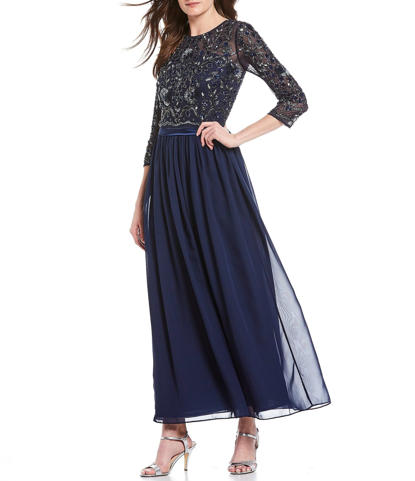 Pisarro Nights Beaded Bodice 3/4 Sleeve Gown: Embellished Evening Dress ...